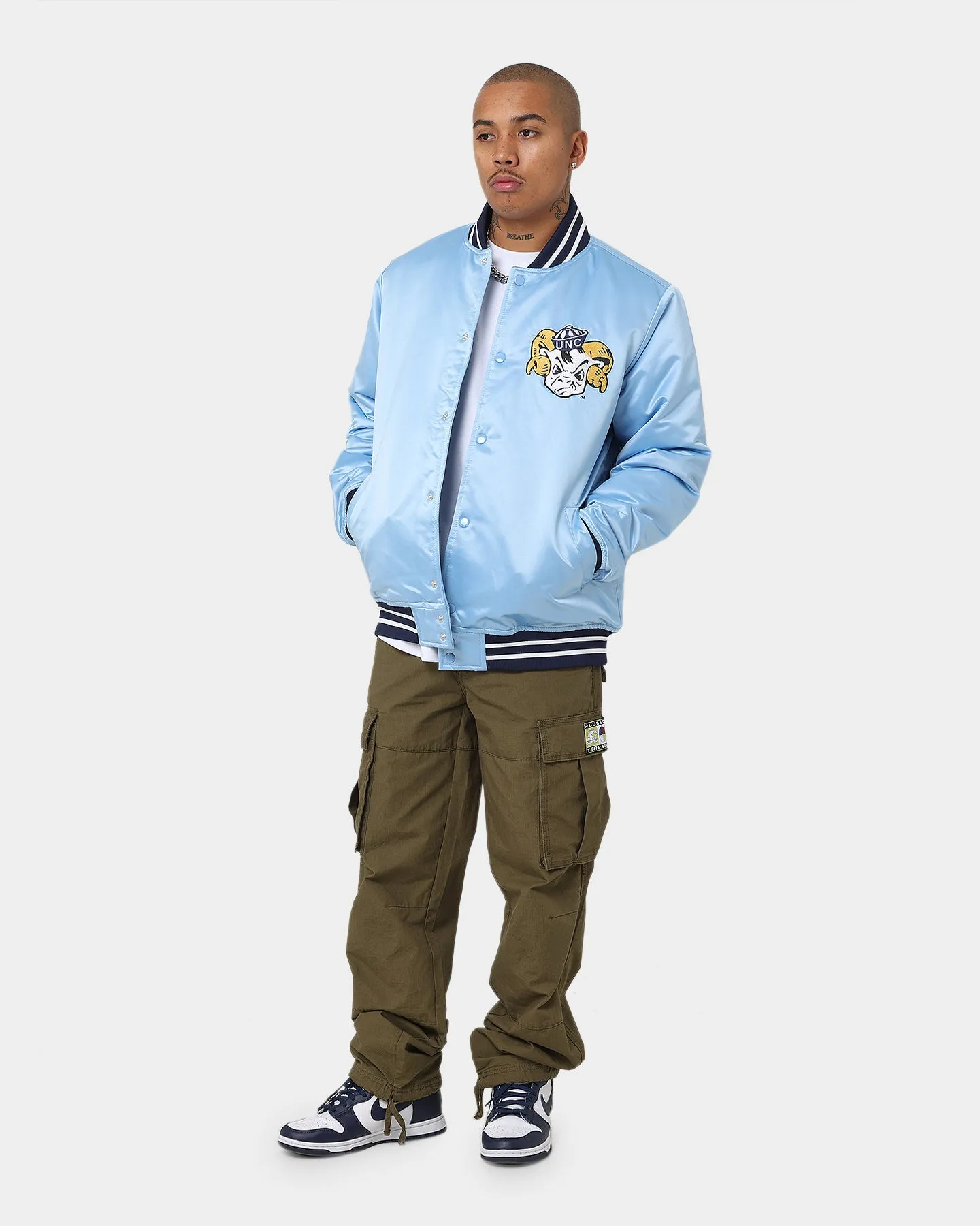 Mitchell & Ness University Of North Carolina Tar Heels Heavyweight Satin Jacket Light Blue