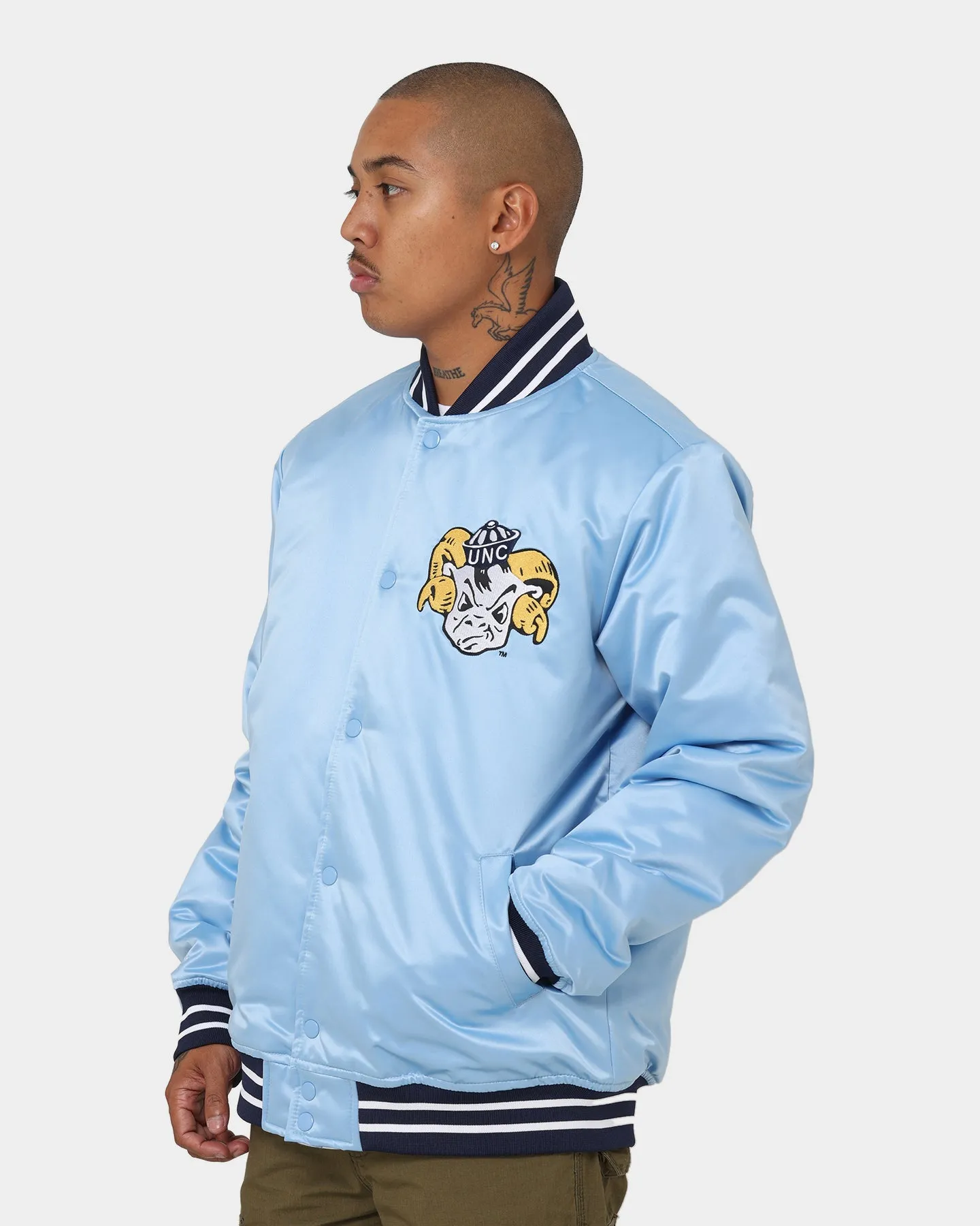 Mitchell & Ness University Of North Carolina Tar Heels Heavyweight Satin Jacket Light Blue