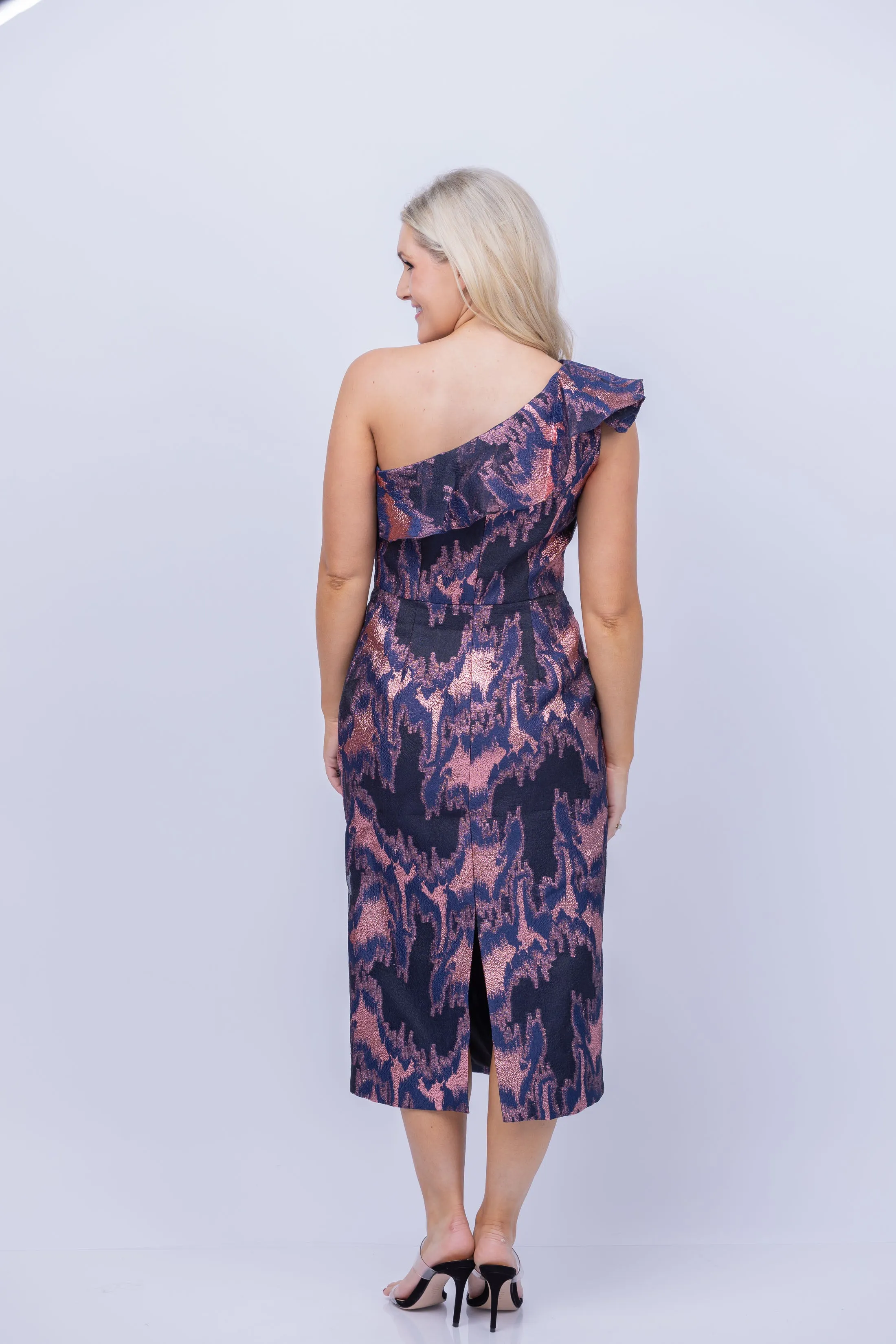 ML Lina One-Shoulder Metallic Jacquard Midi Dress in Navy/Rose Gold