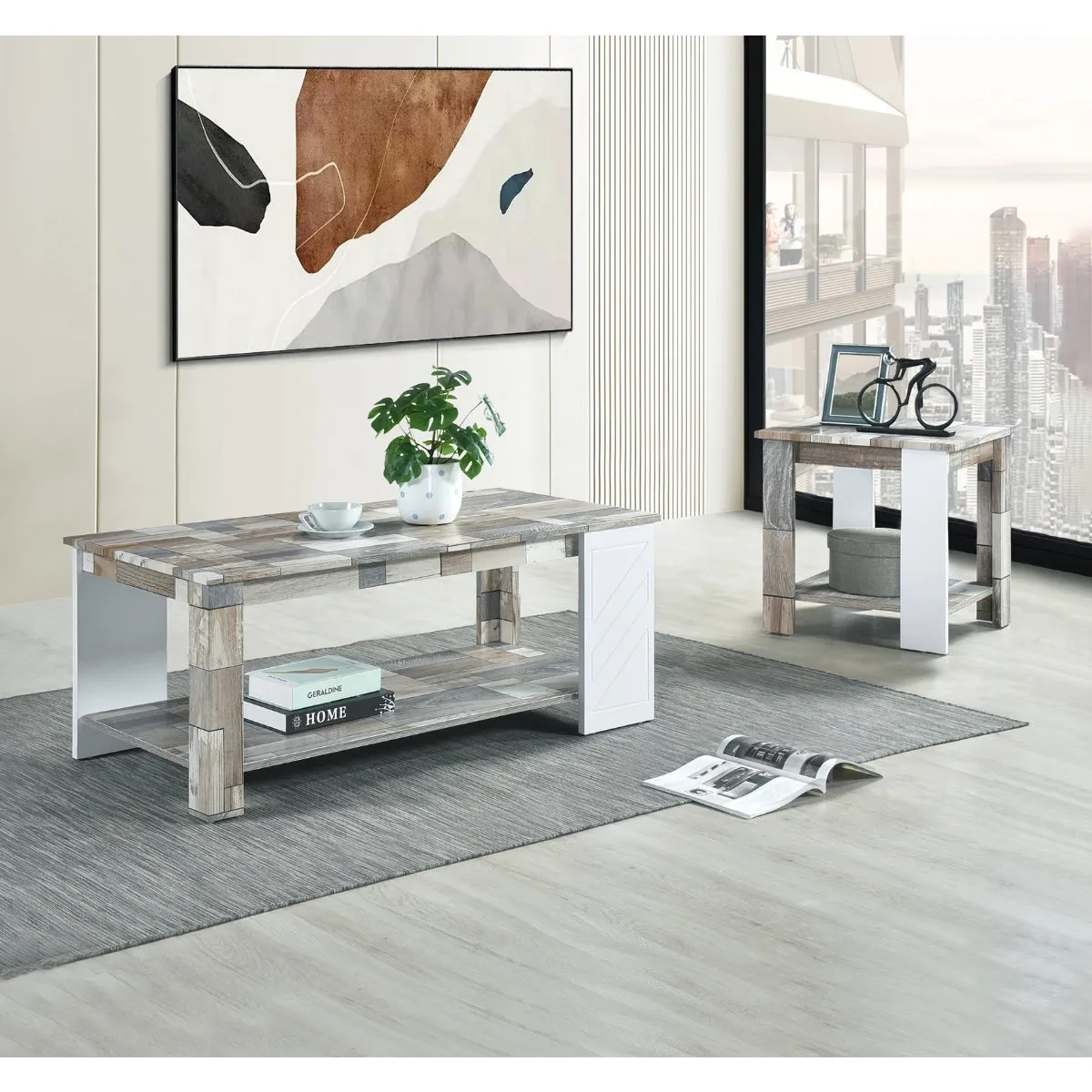 Modern Two-Tone Coffee Table with Open Shelf - Rustic Grey & White Finish