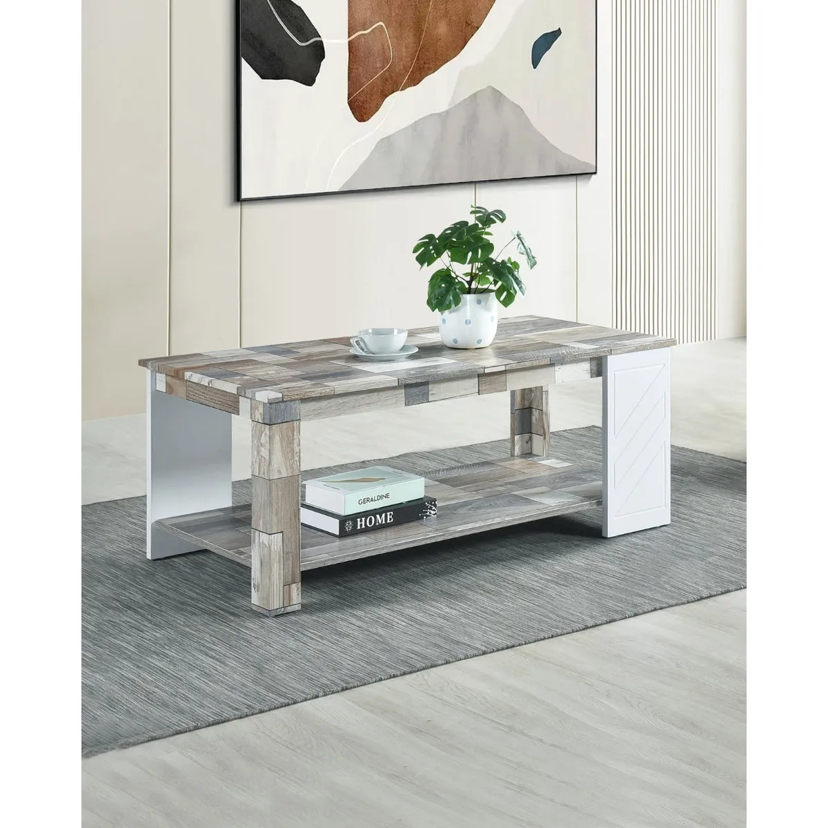 Modern Two-Tone Coffee Table with Open Shelf - Rustic Grey & White Finish