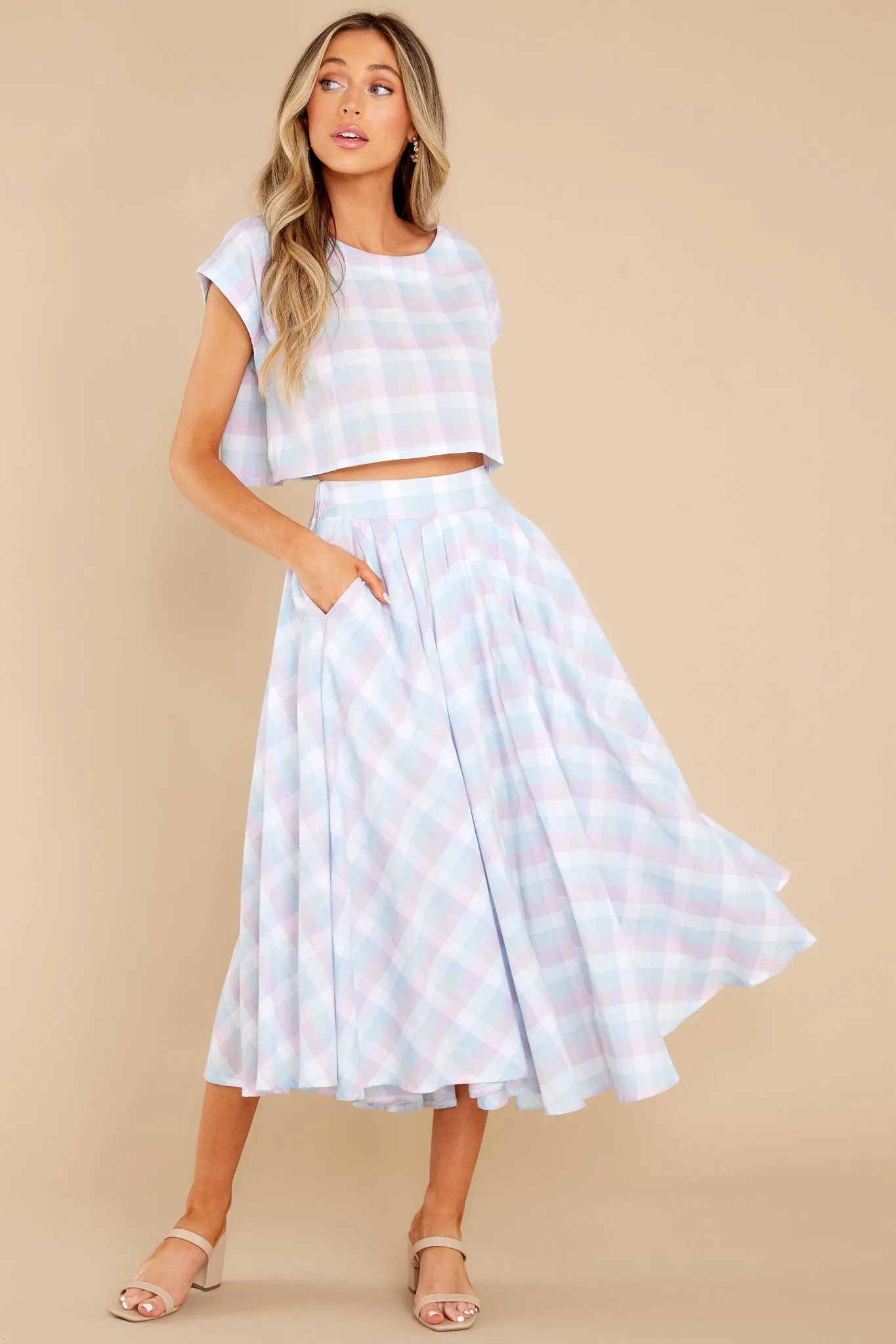 New Blossoms Blue Plaid Two Piece Set