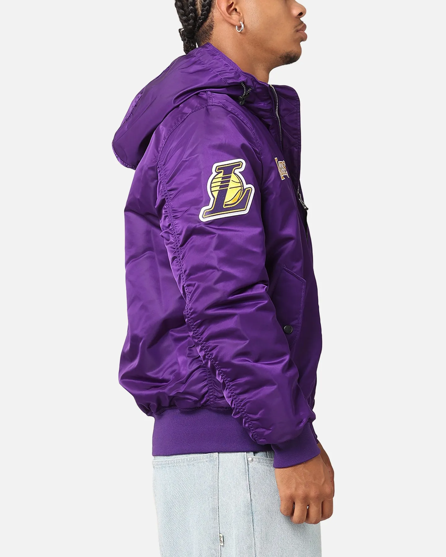 New Era Los Angeles Lakers Alpha Industries L-2B Hooded Bomber Jacket Purple