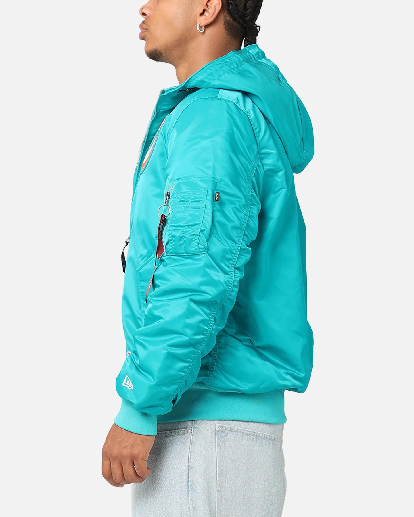 New Era Miami Dolphins Alpha Industries L-2B Hooded Bomber Jacket Turquoise