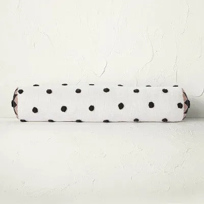 New - Opalhouse Jungalow Tufted Bolster Pillow Cotton 36x8, Off-White/Black Polka Dot