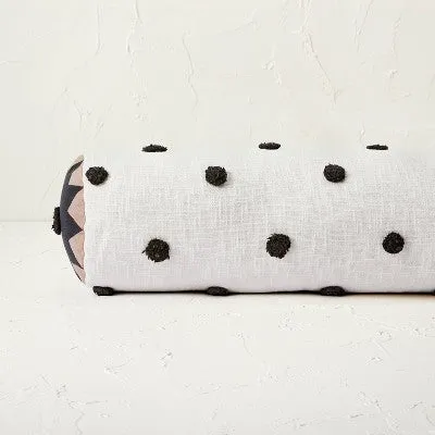 New - Opalhouse Jungalow Tufted Bolster Pillow Cotton 36x8, Off-White/Black Polka Dot