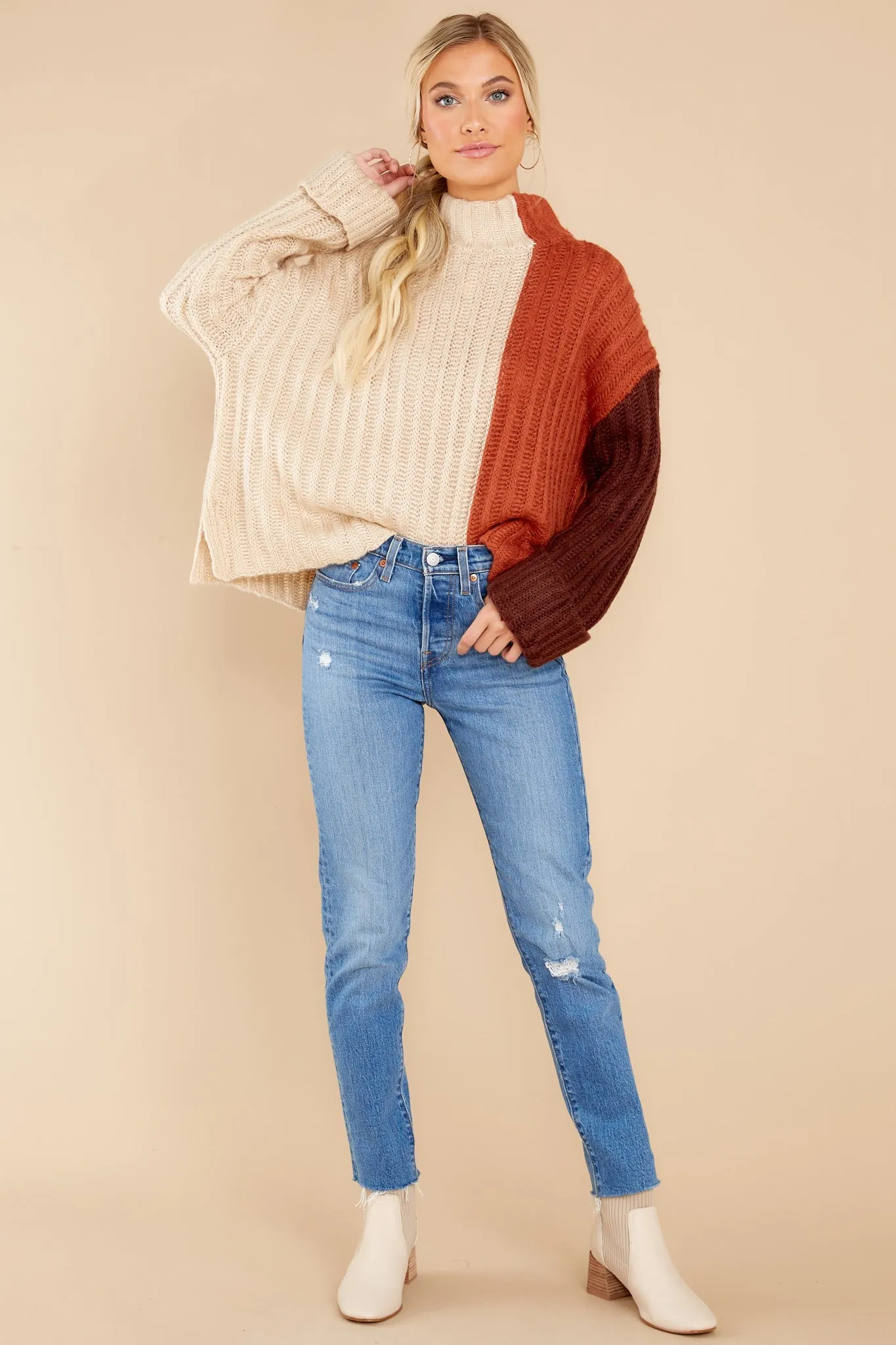 Night By The Fire Beige Colorblock Turtleneck Sweater