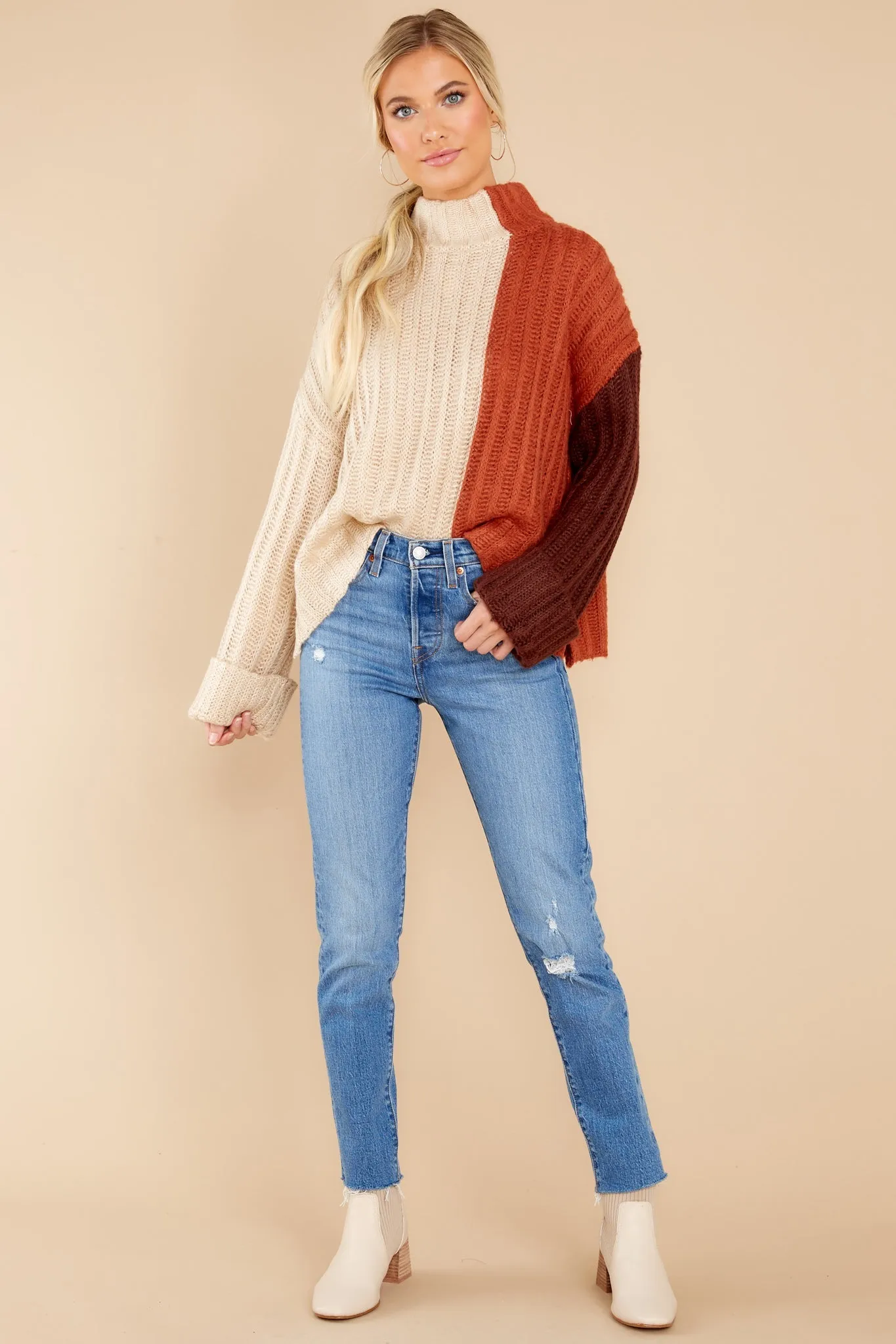 Night By The Fire Beige Colorblock Turtleneck Sweater