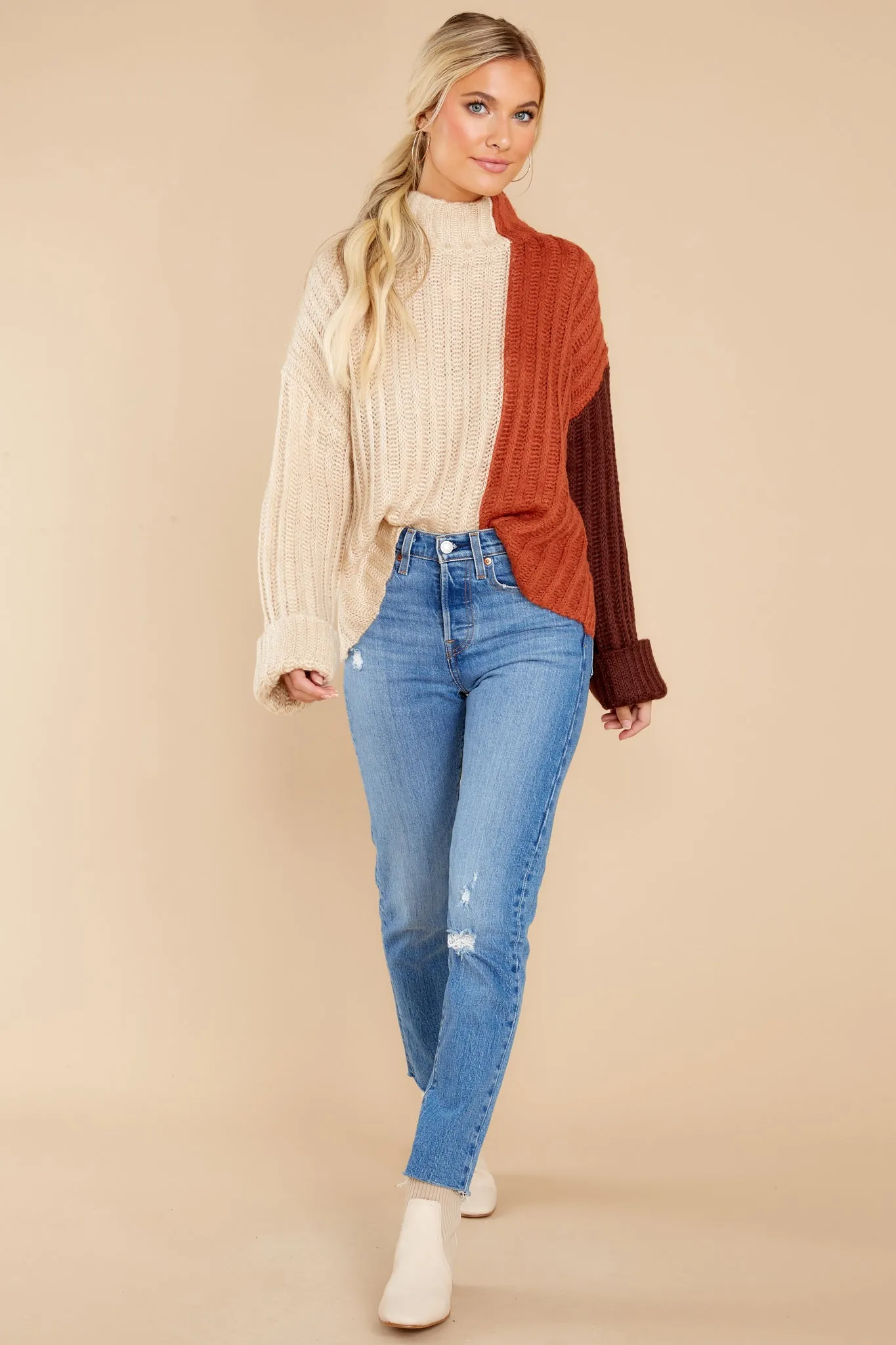 Night By The Fire Beige Colorblock Turtleneck Sweater