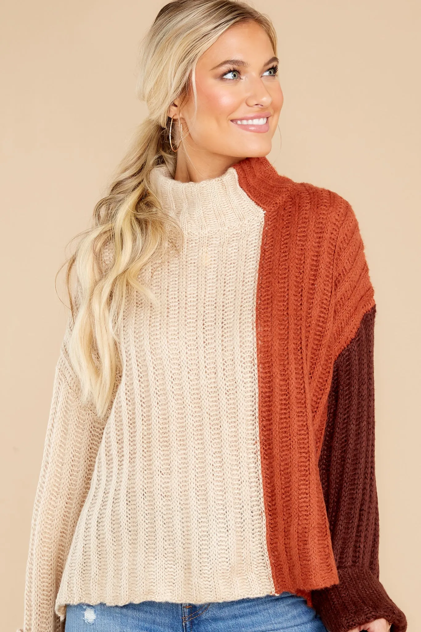 Night By The Fire Beige Colorblock Turtleneck Sweater