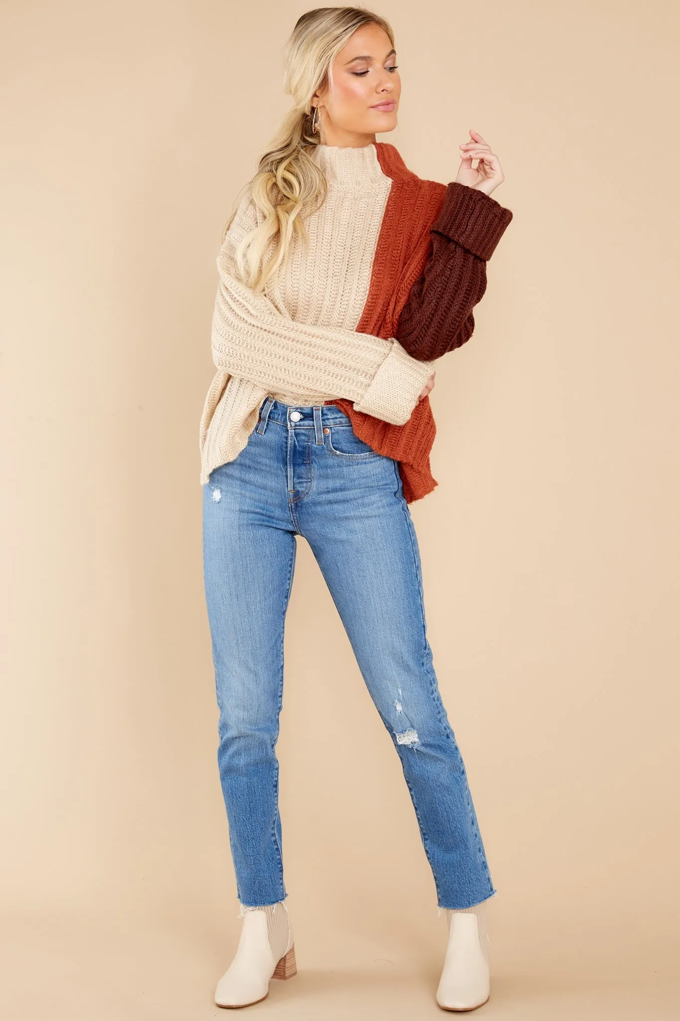 Night By The Fire Beige Colorblock Turtleneck Sweater