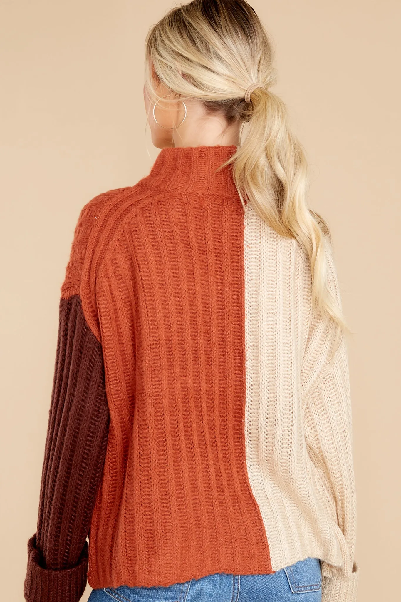 Night By The Fire Beige Colorblock Turtleneck Sweater