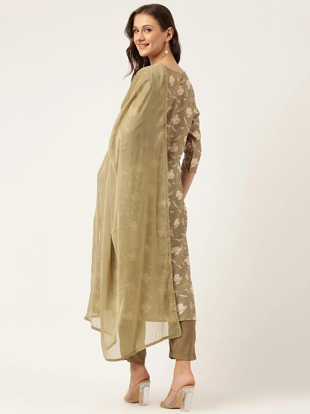 Olive Embroidered Cotton Kurta Trouser With Dupatta Set