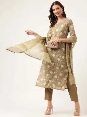 Olive Embroidered Cotton Kurta Trouser With Dupatta Set