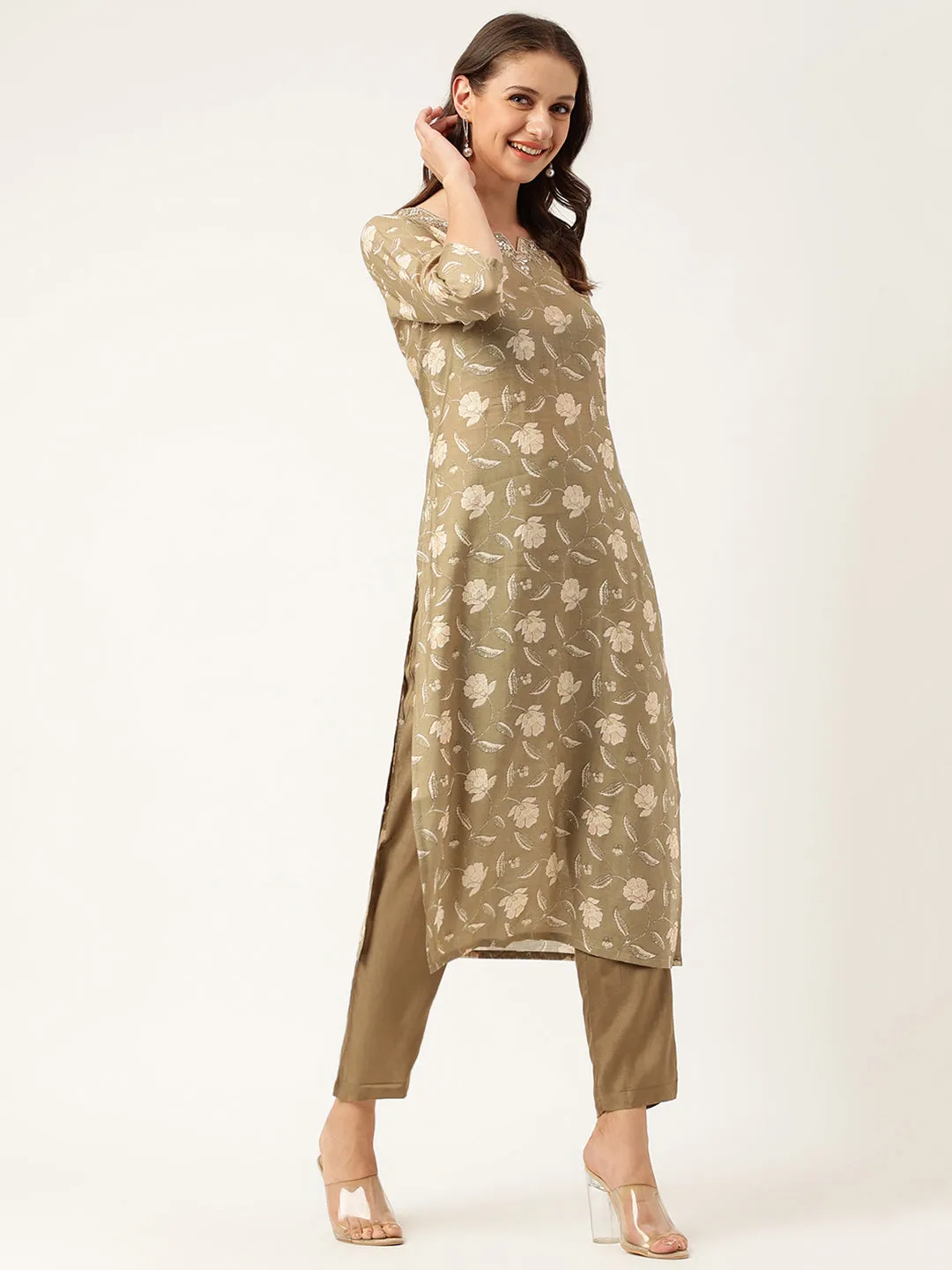 Olive Embroidered Cotton Kurta Trouser With Dupatta Set