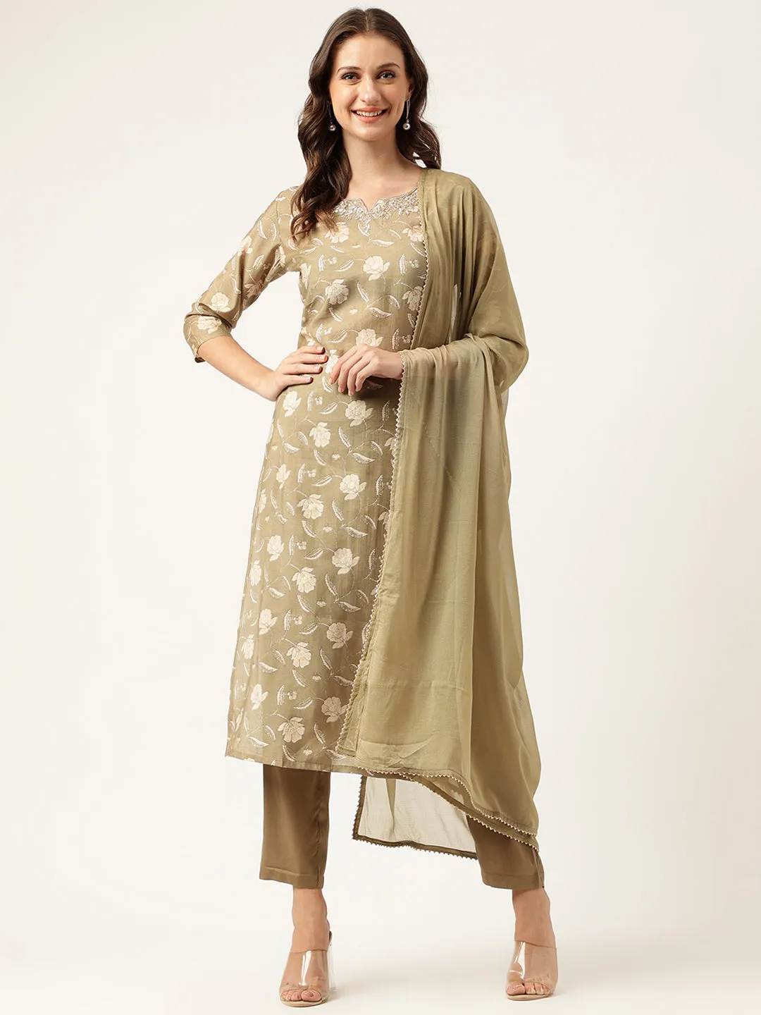 Olive Embroidered Cotton Kurta Trouser With Dupatta Set