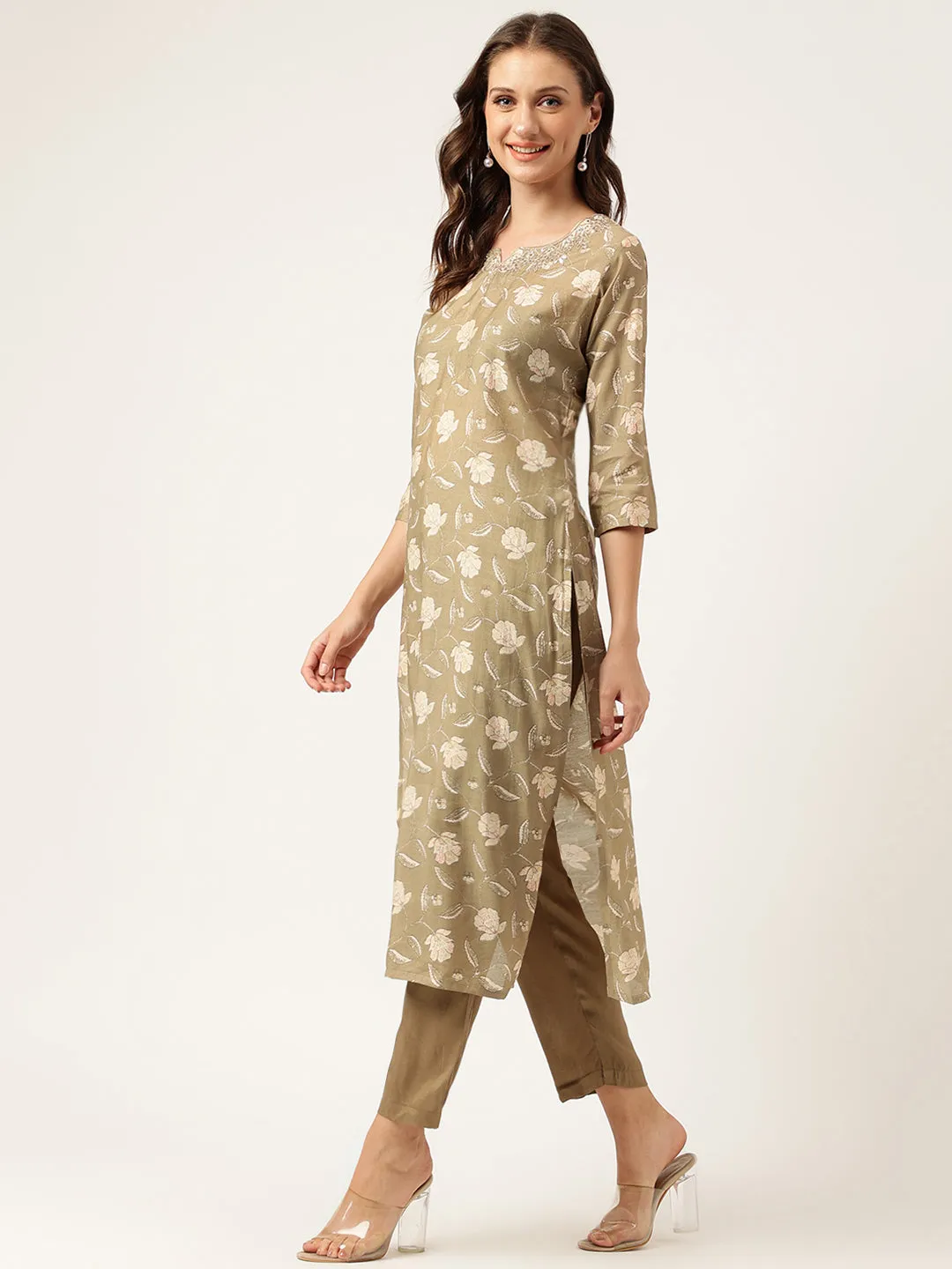 Olive Embroidered Cotton Kurta Trouser With Dupatta Set