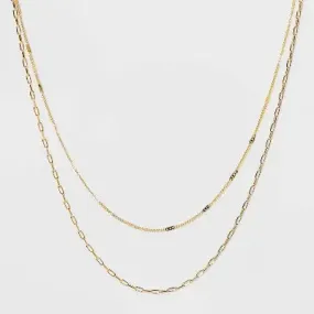 Open Box - 14K Gold Plated Flat Beaded & Link Chain Duo Necklace A New Day Gold