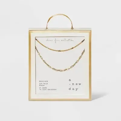 Open Box - 14K Gold Plated Flat Beaded & Link Chain Duo Necklace A New Day Gold