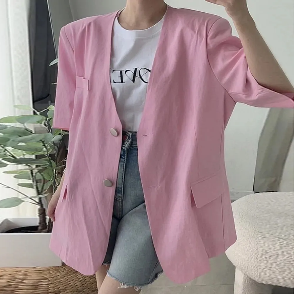 Patchwork Button Blazers For Women V Neck Short Sleeve Solid Loose Casual Summer Coat Female Fashion Clothing