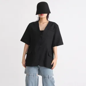 Patchwork Button Blazers For Women V Neck Short Sleeve Solid Loose Casual Summer Coat Female Fashion Clothing