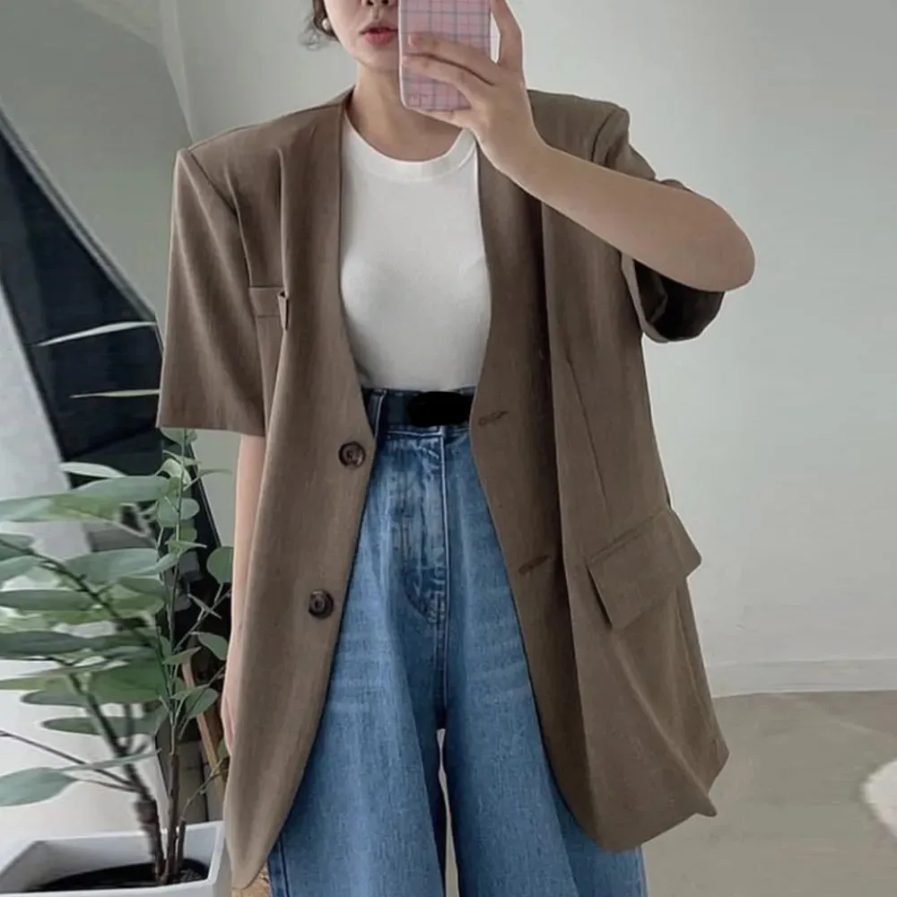 Patchwork Button Blazers For Women V Neck Short Sleeve Solid Loose Casual Summer Coat Female Fashion Clothing