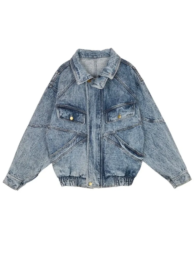 Patchwork Pockets Vintage Denim Jackets For Women Stand Collar Long Sleeves Loose Designer Jacket Female Fashion