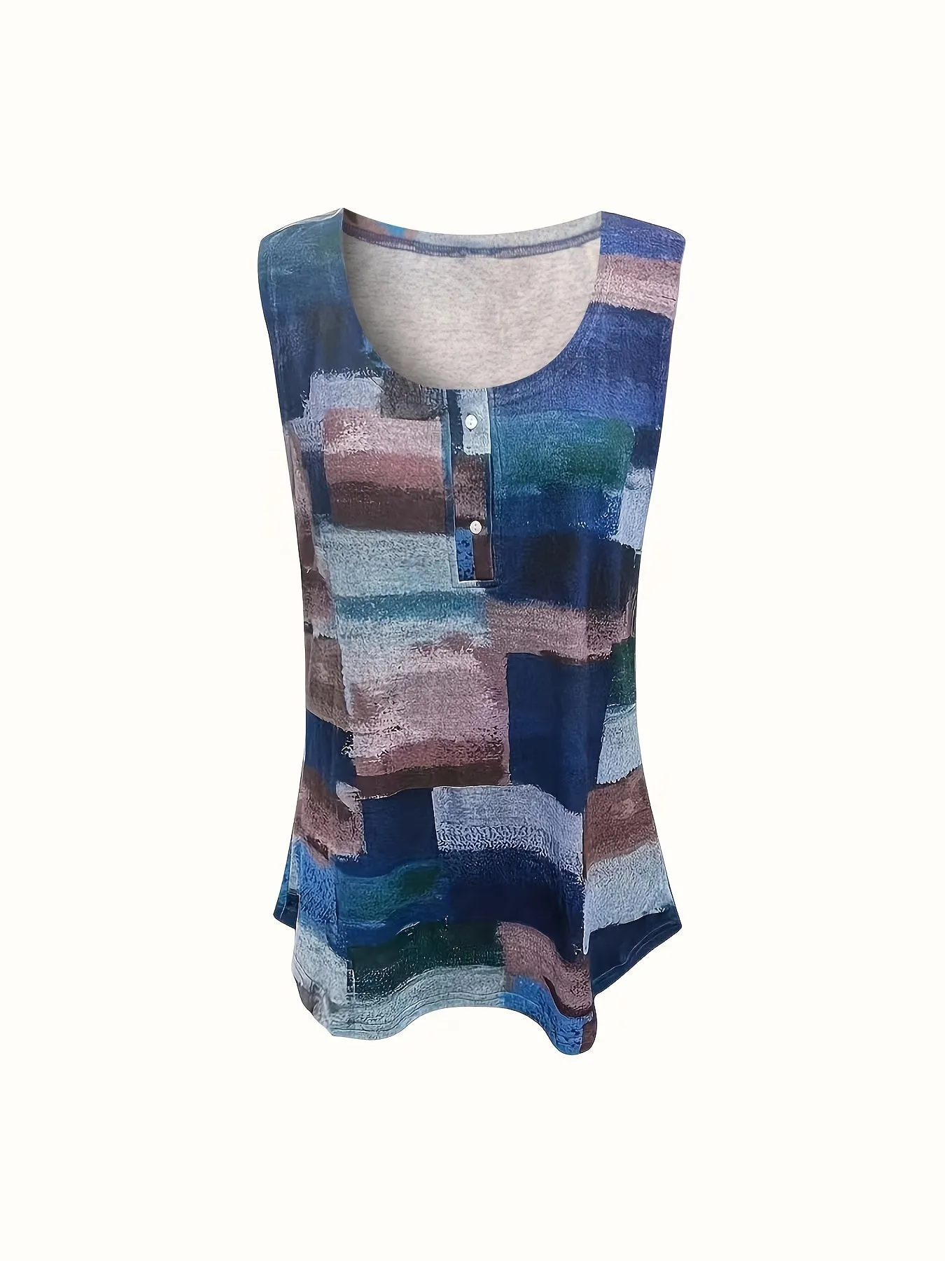 Patchwork Print Plus Size Henley Tank Top for Women