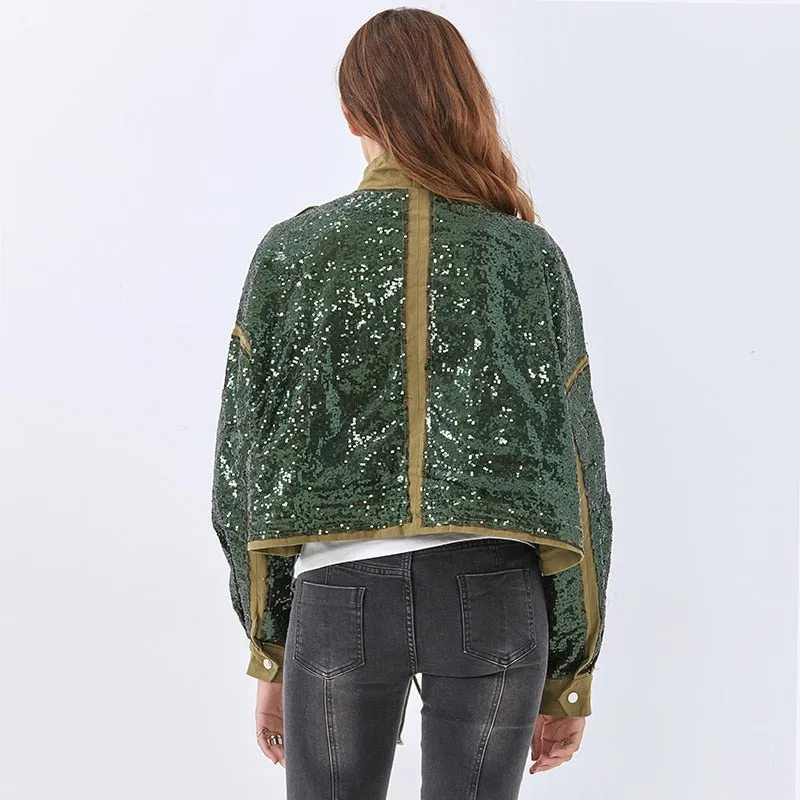 Patchwork Sequined Jacket For Owmen Turtleneck Long Sleeve Casual Lace Up Jackets Female Spring Fashion