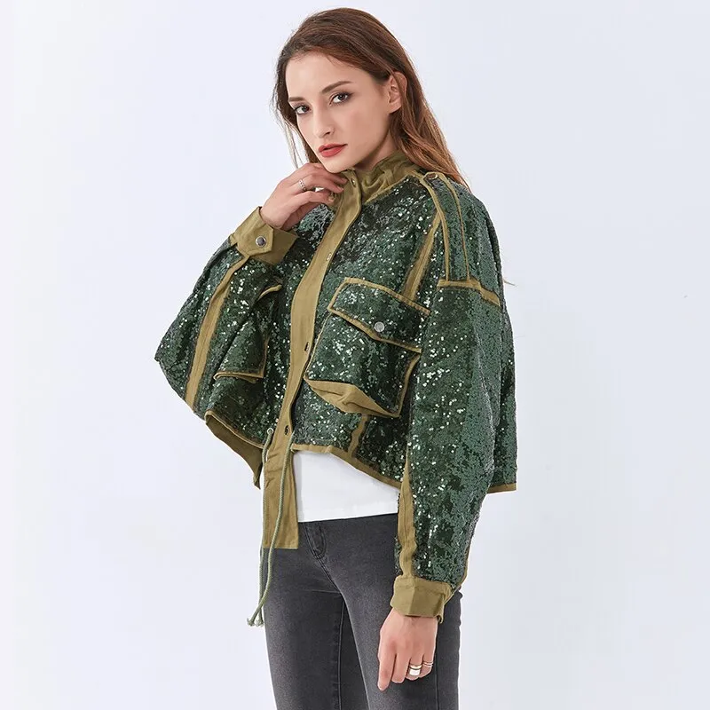 Patchwork Sequined Jacket For Owmen Turtleneck Long Sleeve Casual Lace Up Jackets Female Spring Fashion