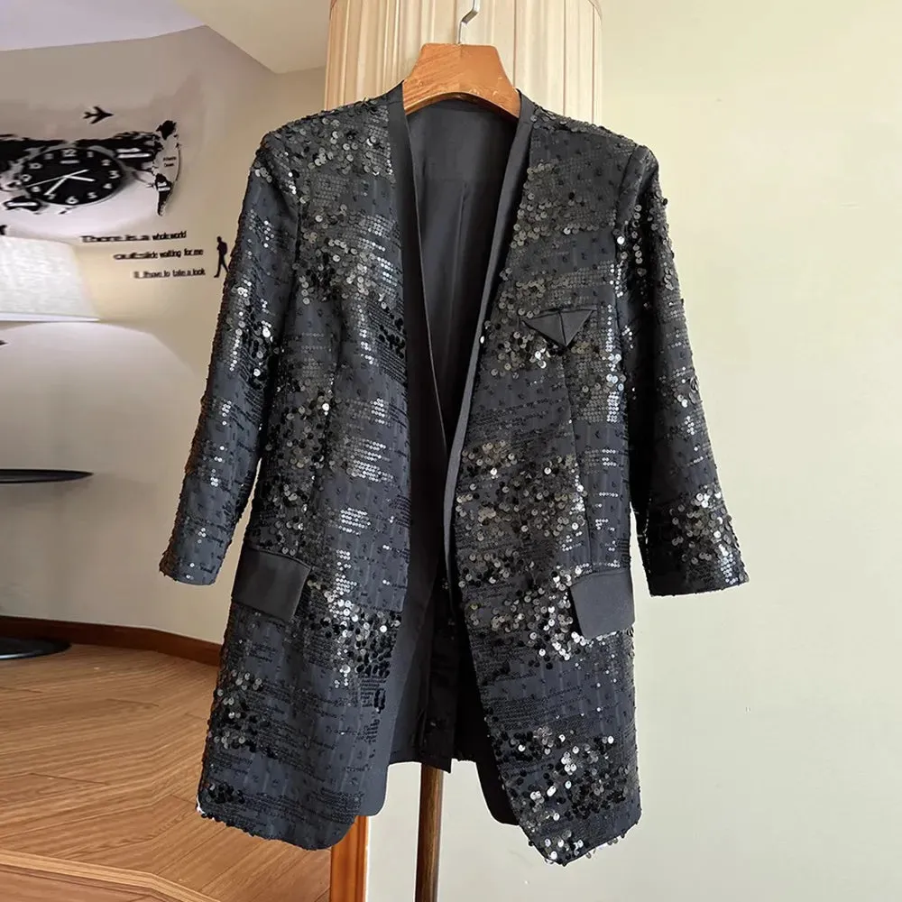 Patchwork Sequins Blazers For Women V Neck Three Quarter Sleeve Spliced Pocket Loose Solid Blazer Female Fashion