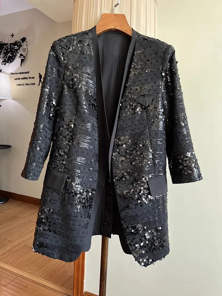 Patchwork Sequins Blazers For Women V Neck Three Quarter Sleeve Spliced Pocket Loose Solid Blazer Female Fashion