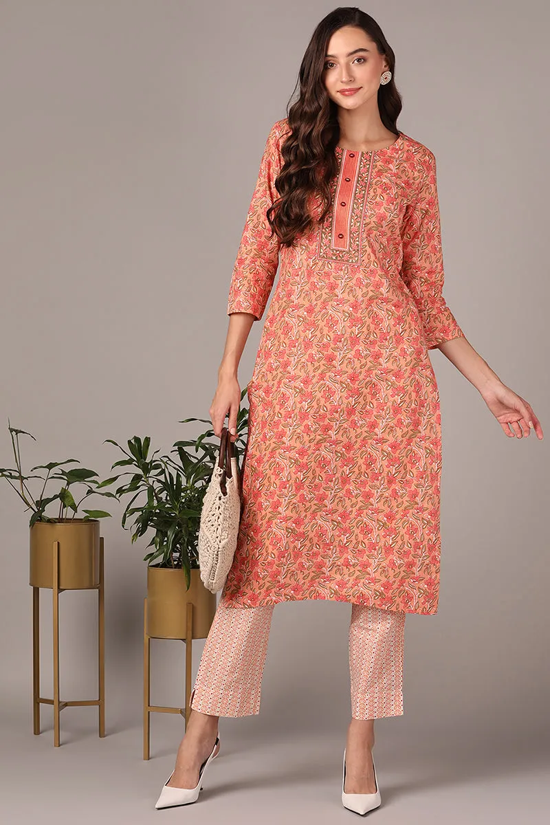 Peach Cotton Blend Straight Kurta Pant