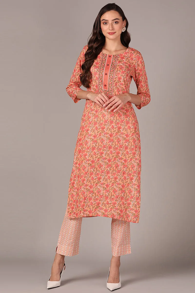 Peach Cotton Blend Straight Kurta Pant