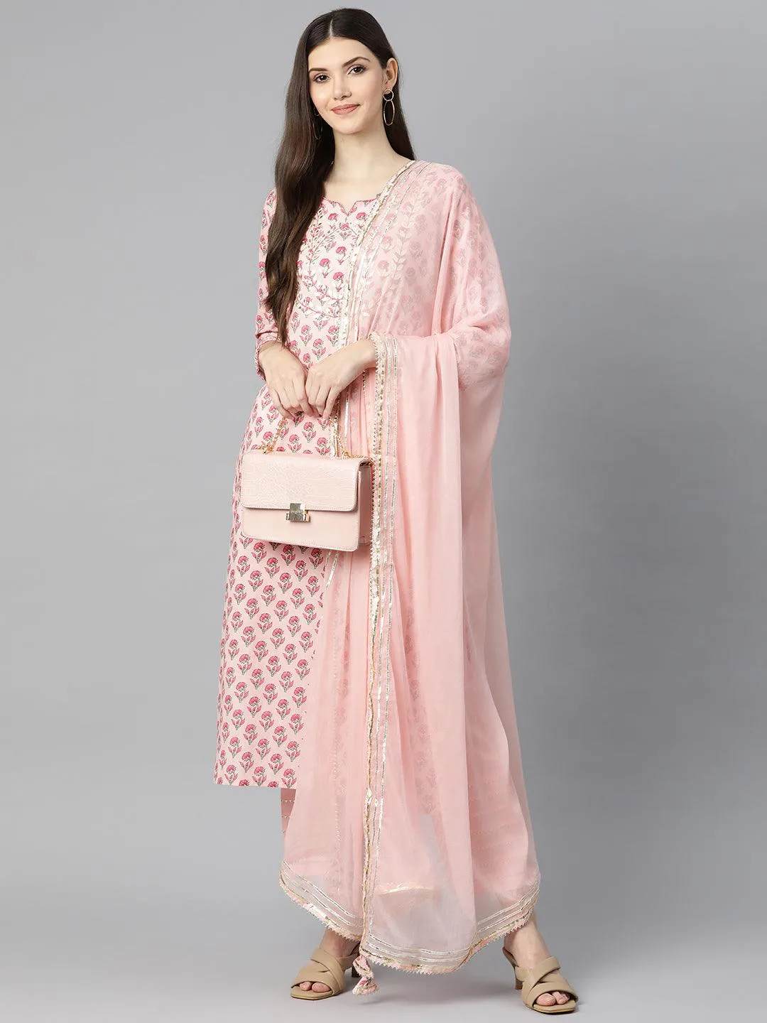 Pink Cotton Straight Kurta Pant Set With Dupatta