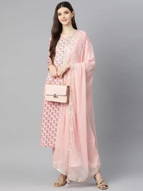 Pink Cotton Straight Kurta Pant Set With Dupatta