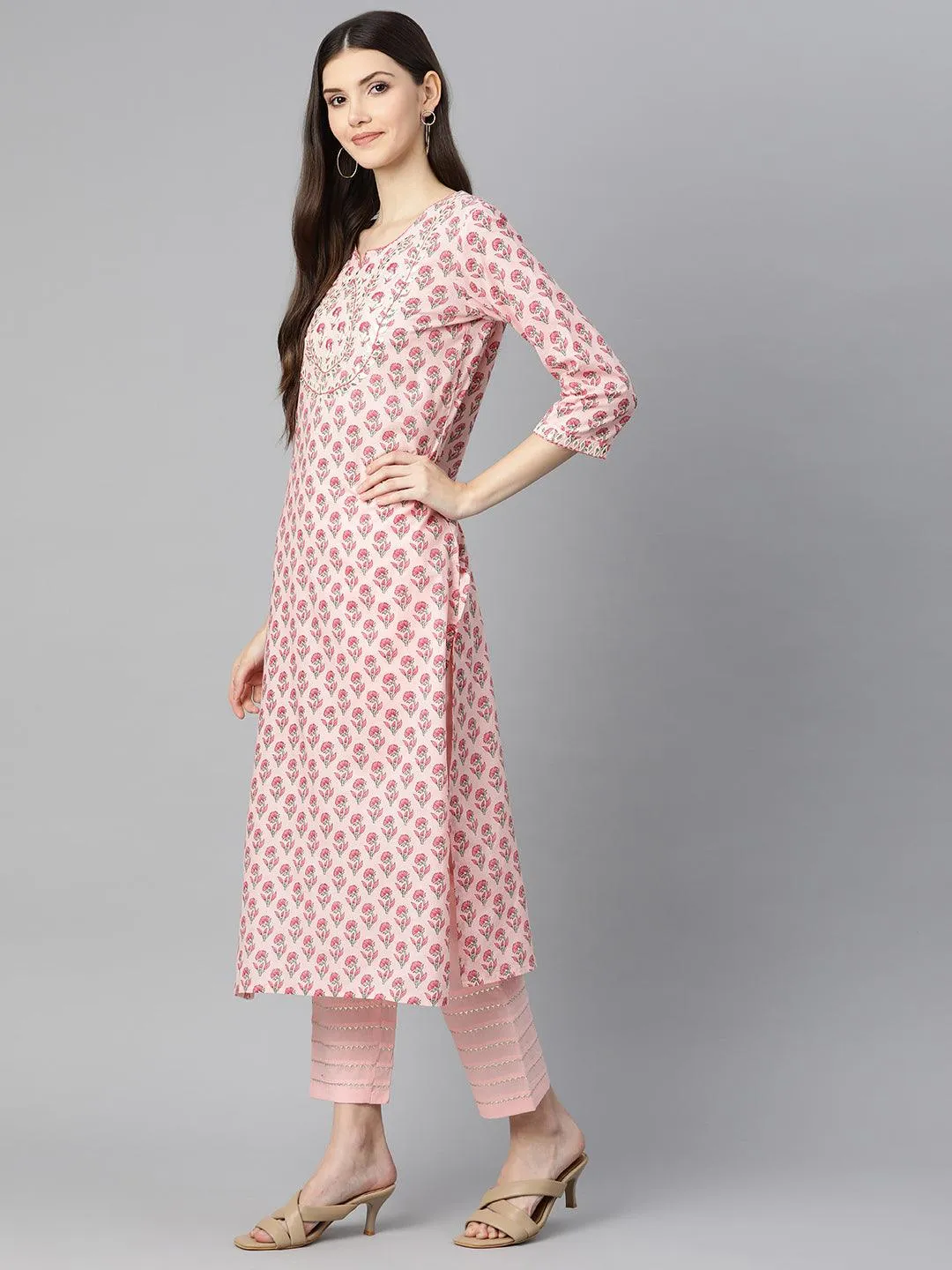 Pink Cotton Straight Kurta Pant Set With Dupatta