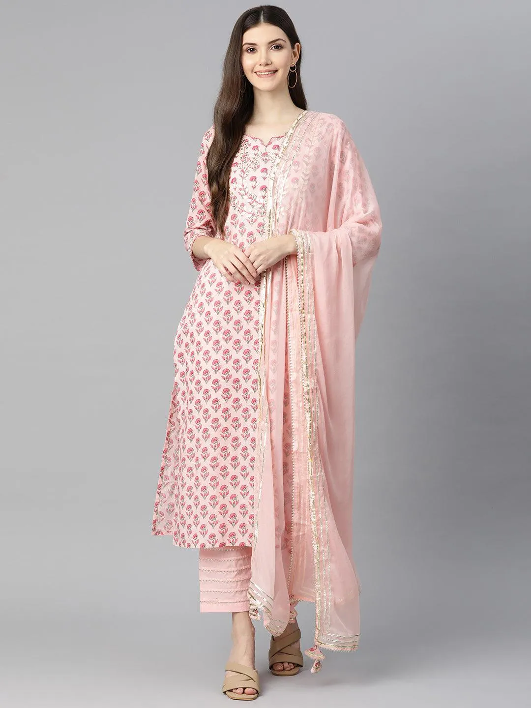 Pink Cotton Straight Kurta Pant Set With Dupatta