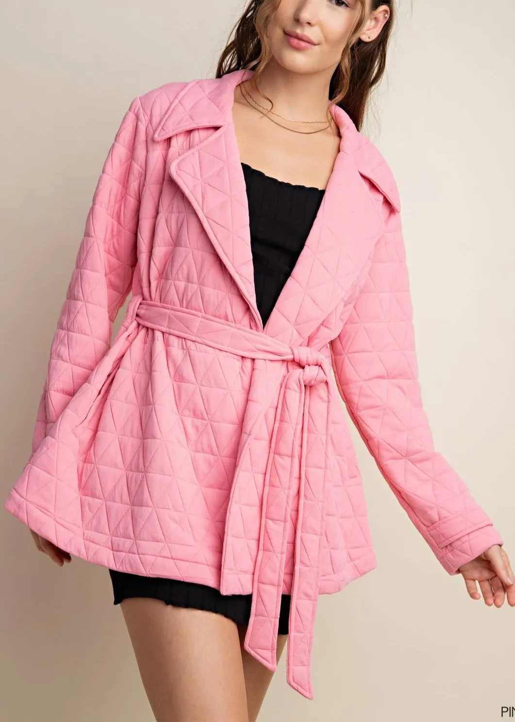 Pink Quilted Jacket with Pockets and Tie Waist