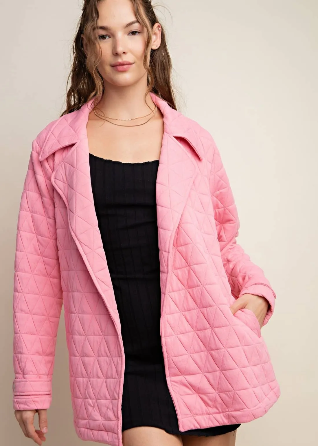 Pink Quilted Jacket with Pockets and Tie Waist