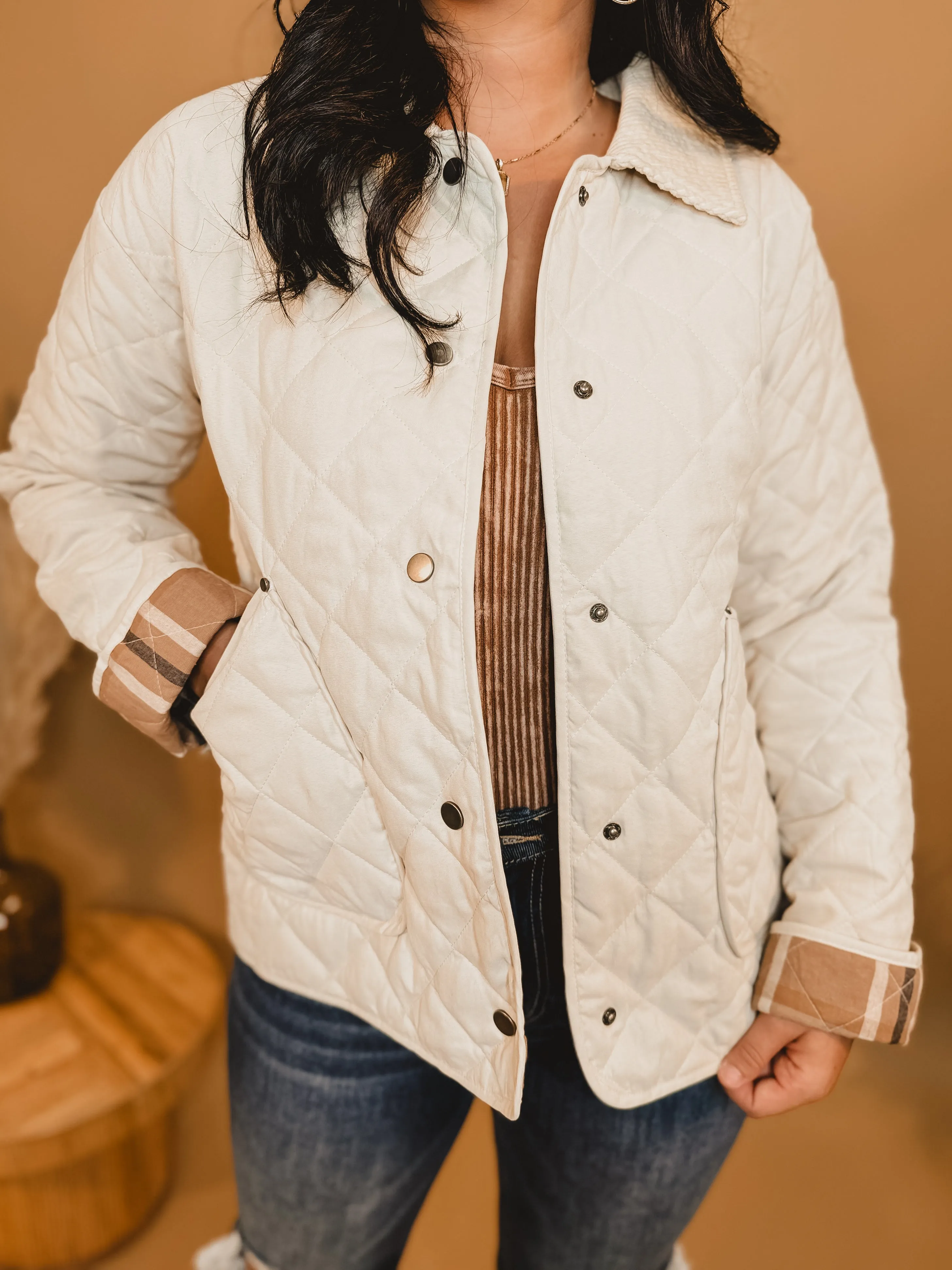 Plaid Lined Quilted Jacket - Ivory