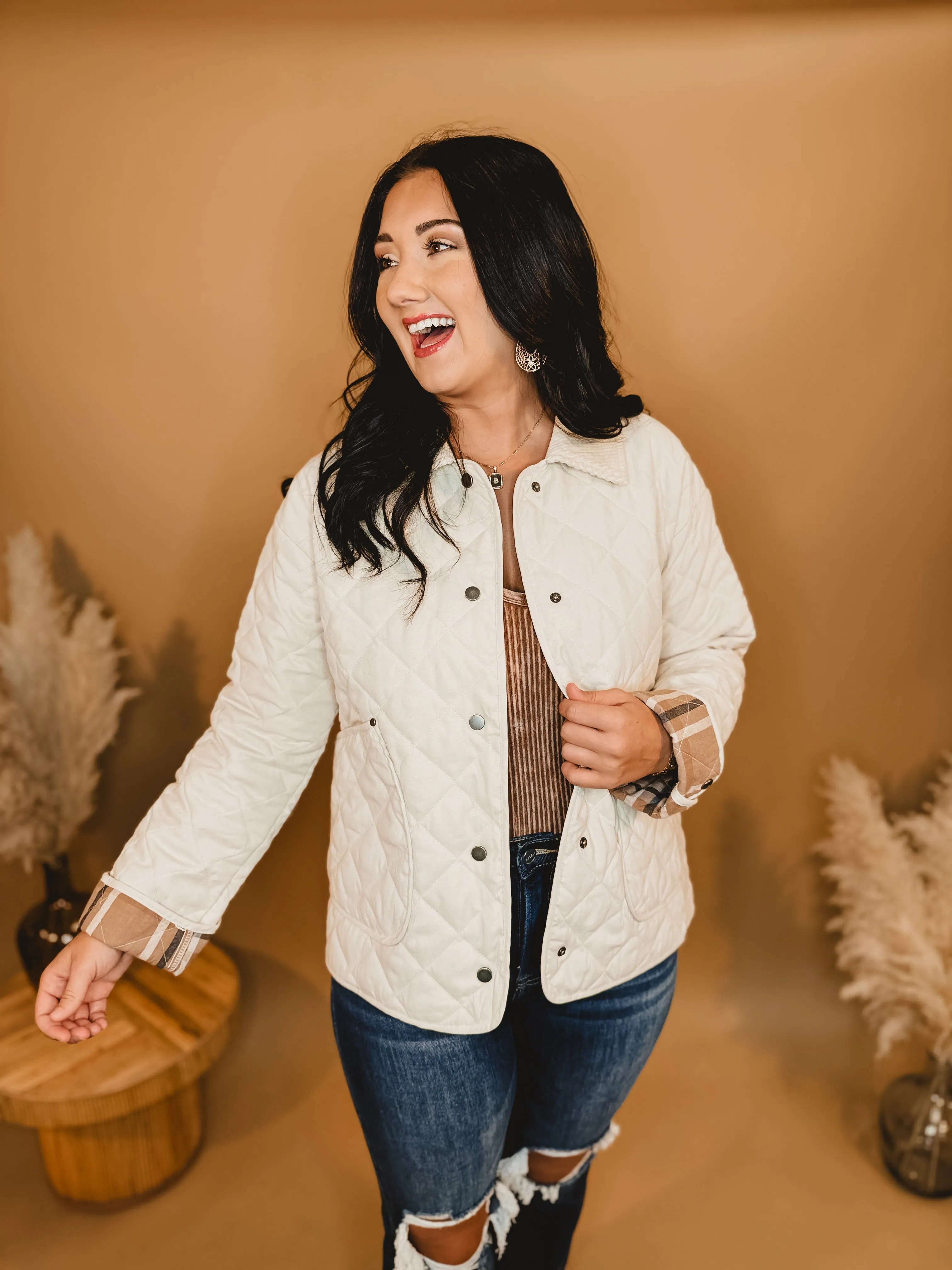 Plaid Lined Quilted Jacket - Ivory