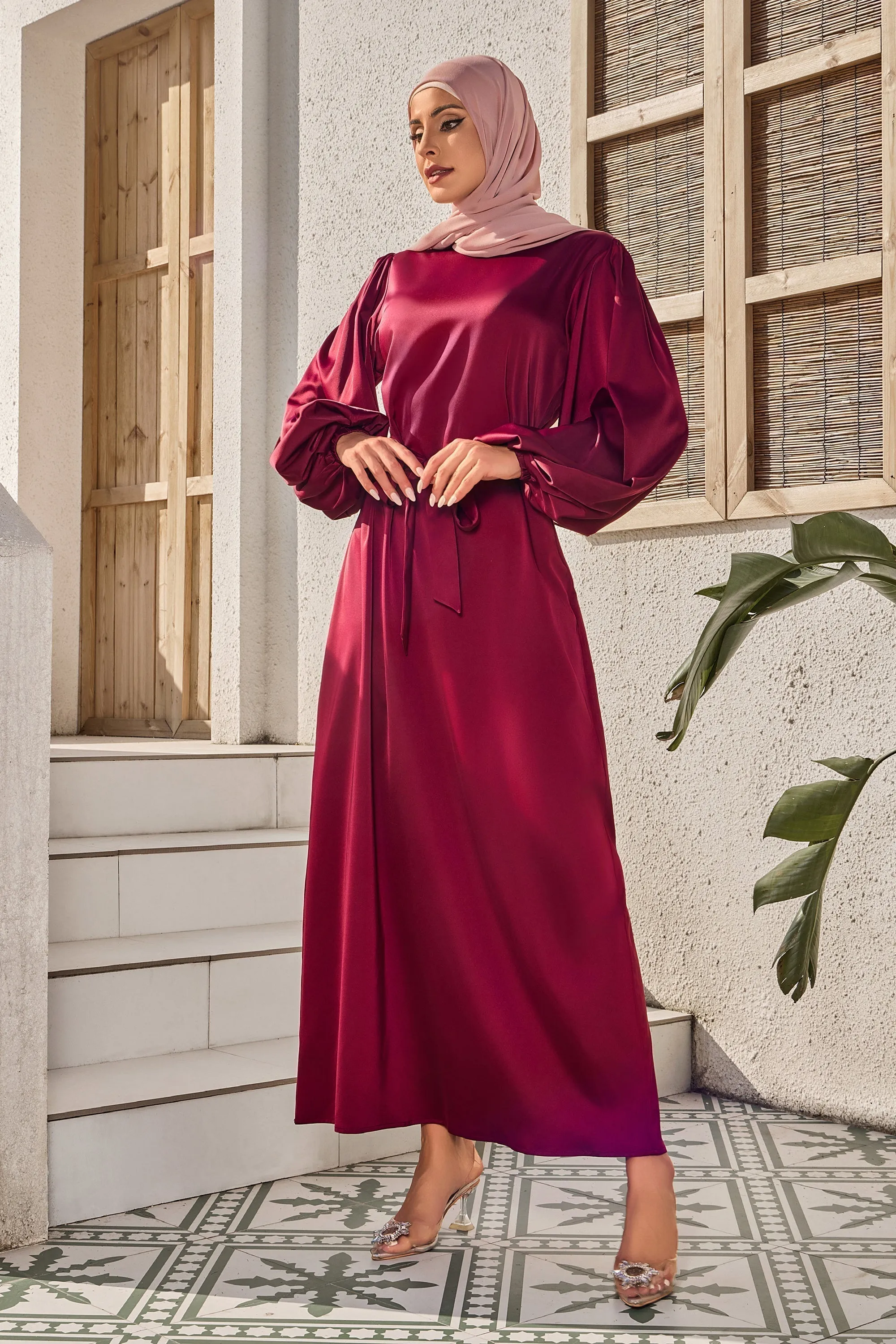 Plum Half Turtleneck Satin Maxi Dress-CLEARANCE