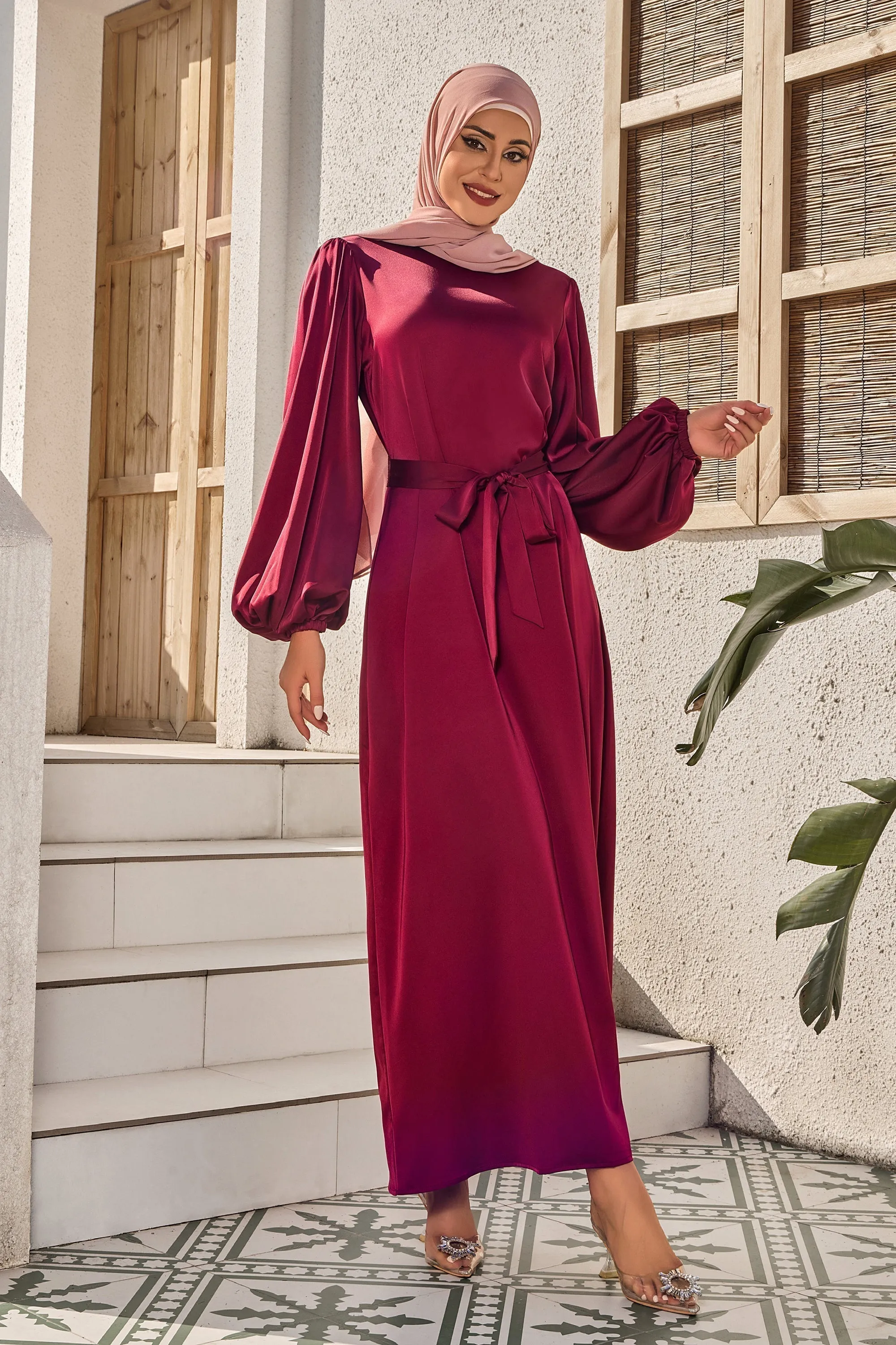 Plum Half Turtleneck Satin Maxi Dress-CLEARANCE