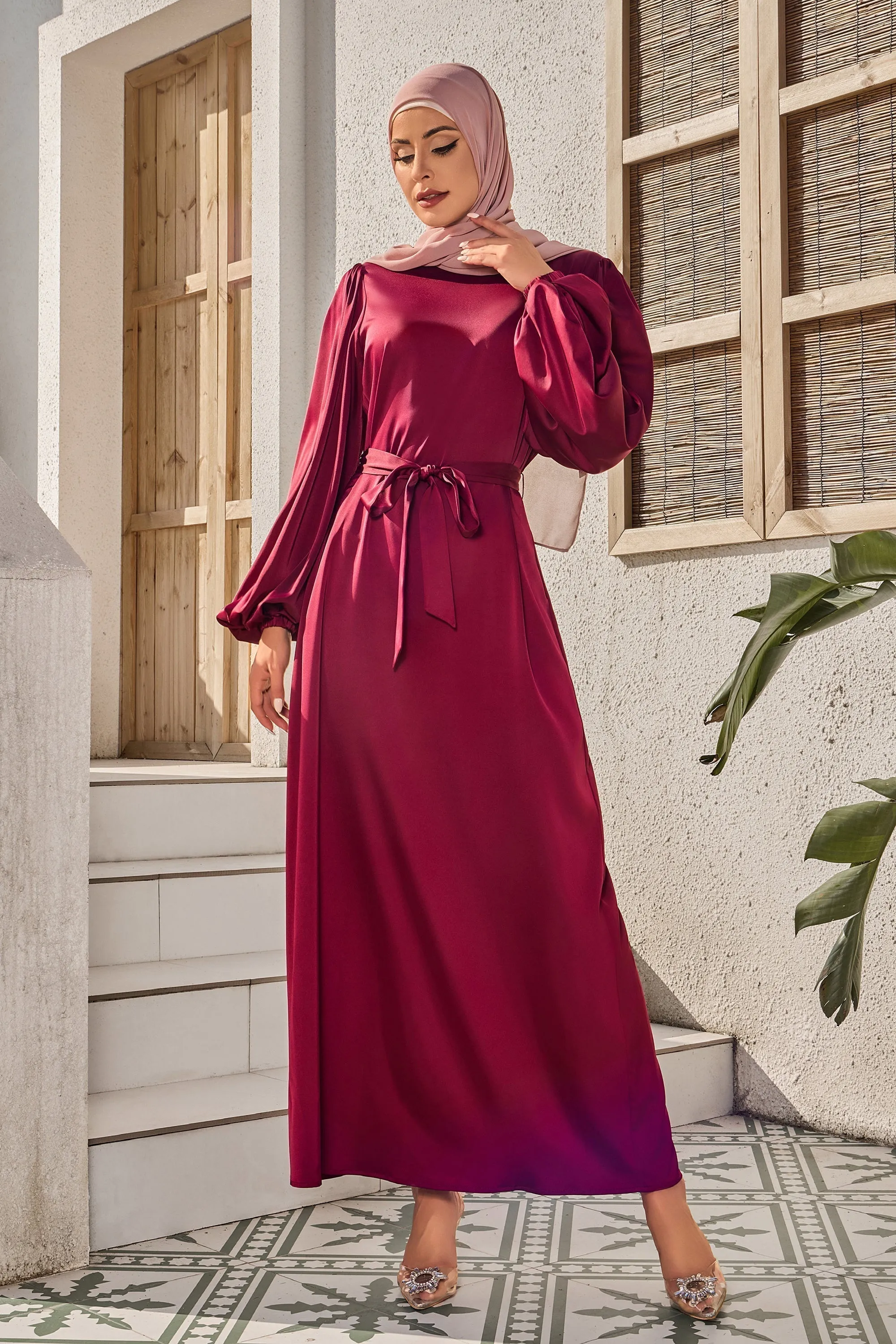 Plum Half Turtleneck Satin Maxi Dress-CLEARANCE