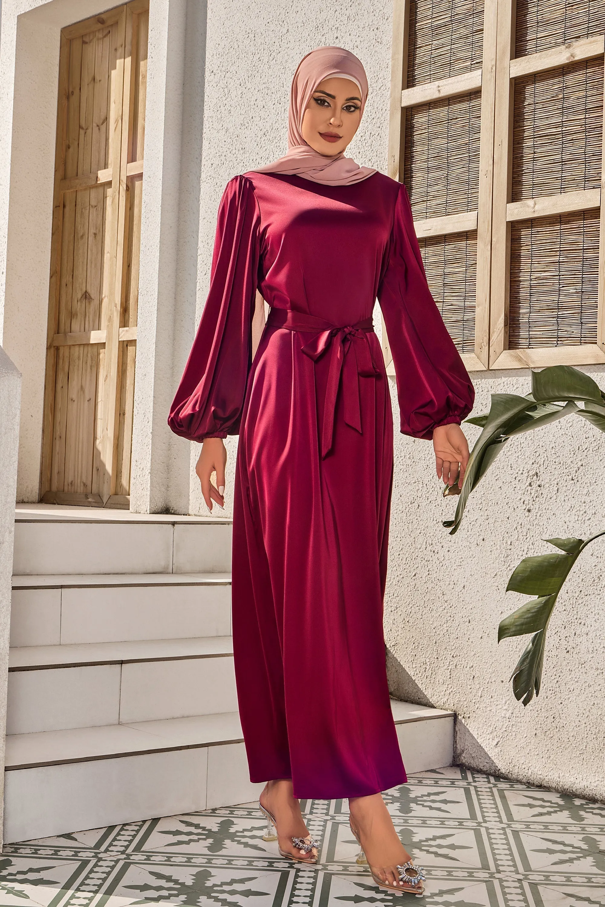 Plum Half Turtleneck Satin Maxi Dress-CLEARANCE