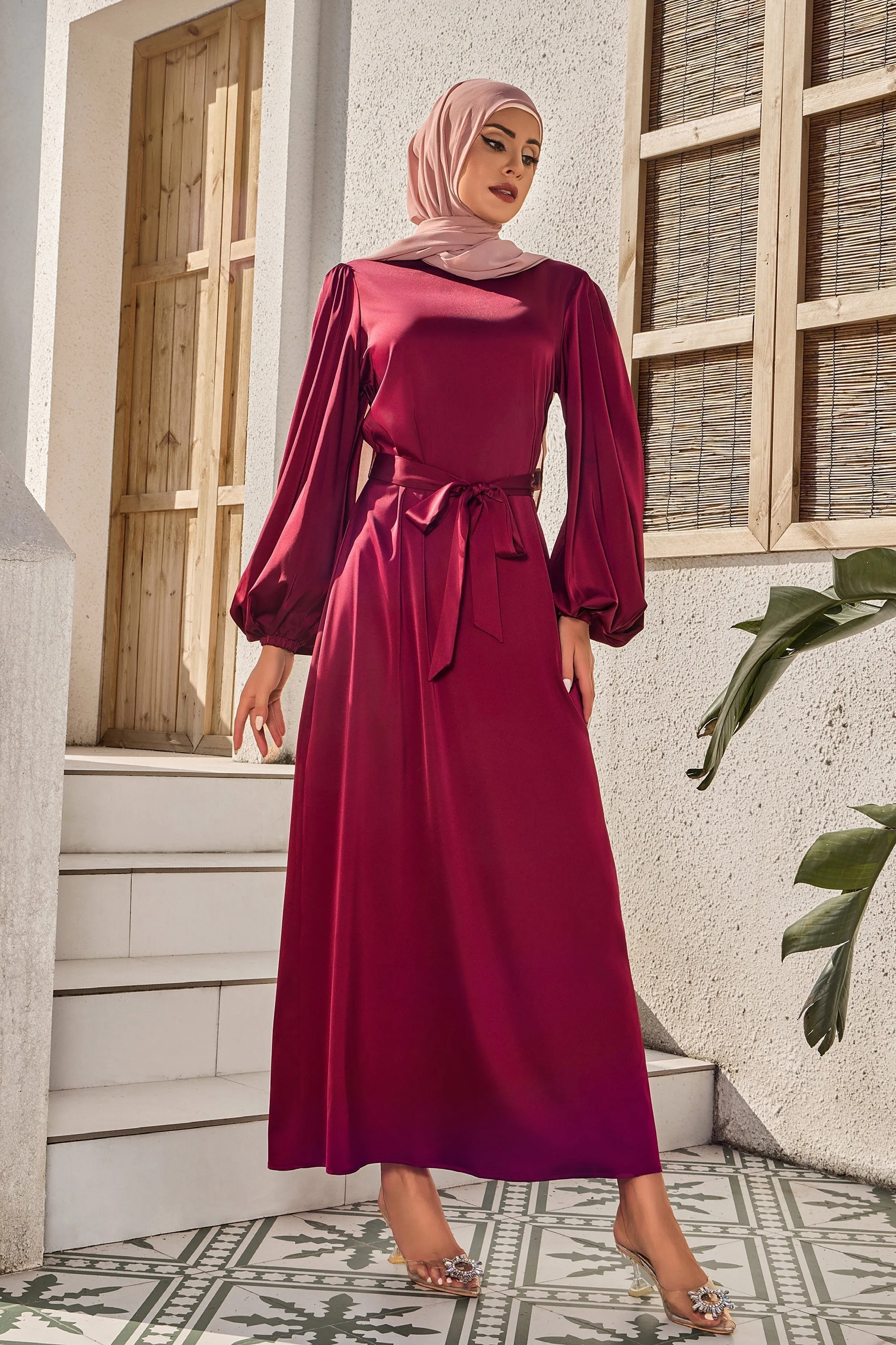 Plum Half Turtleneck Satin Maxi Dress-CLEARANCE