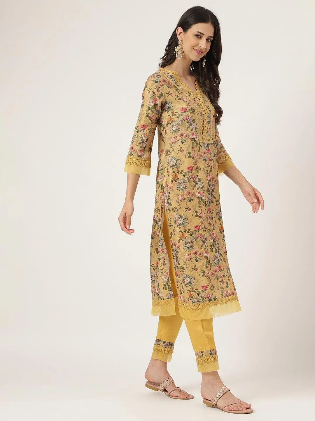 Poly Chanderi Floral Printed Kurta Pant Set With Organza Dupatta