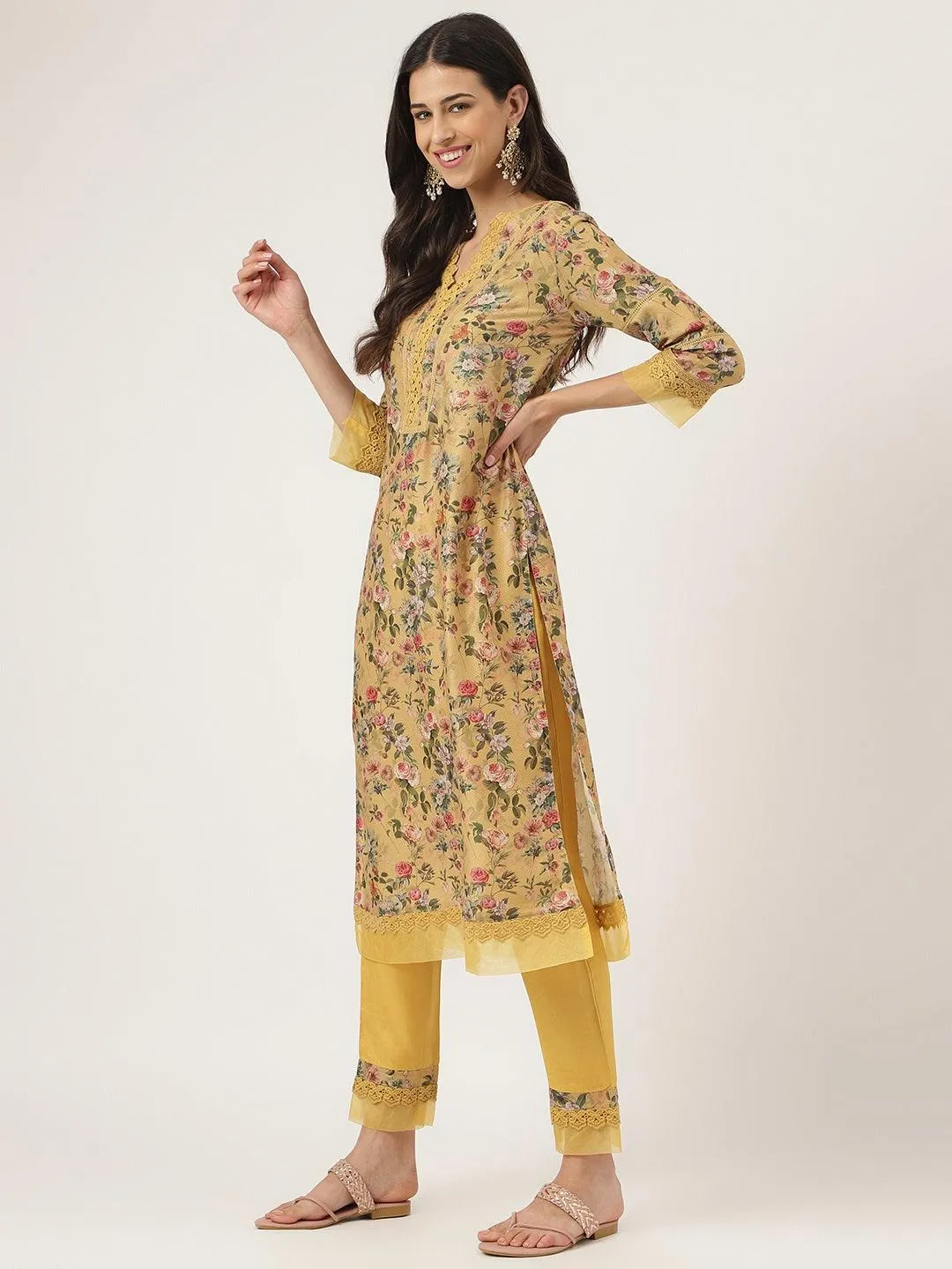 Poly Chanderi Floral Printed Kurta Pant Set With Organza Dupatta