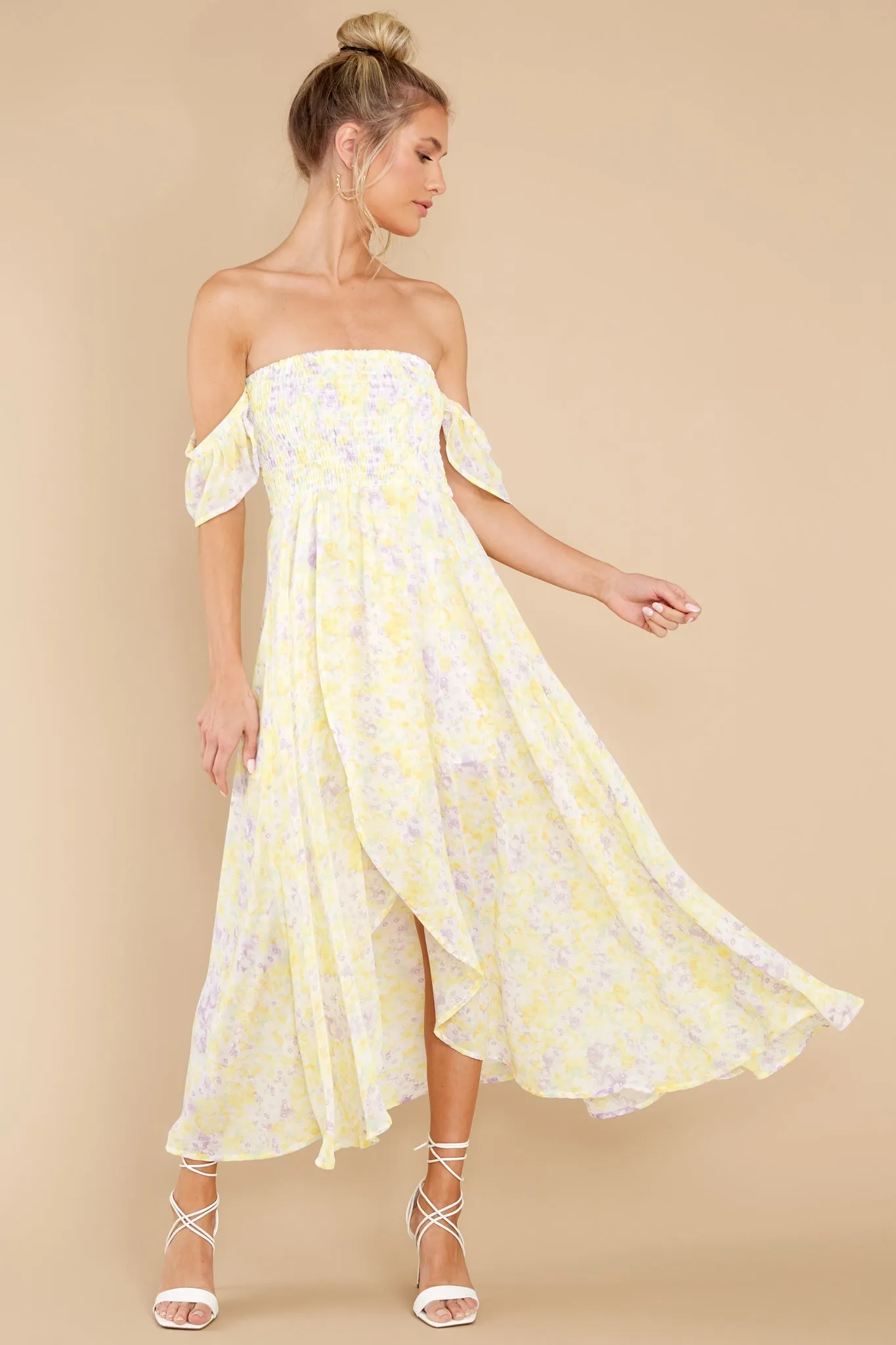 Pretty As A Picture Pastel Yellow Floral Print Midi Dress